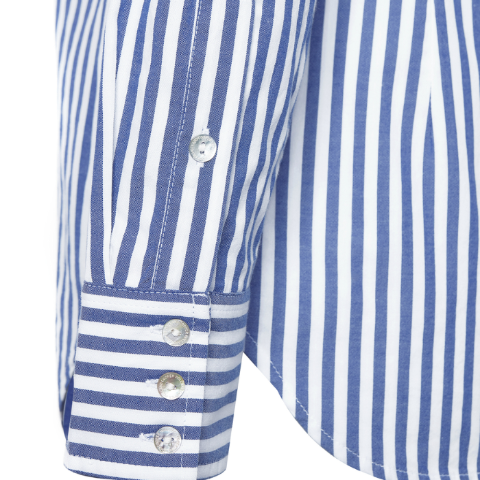 Close up button sleeve detail on the Holland Cooper Classic Button Down Shirt in Navy Stripe
