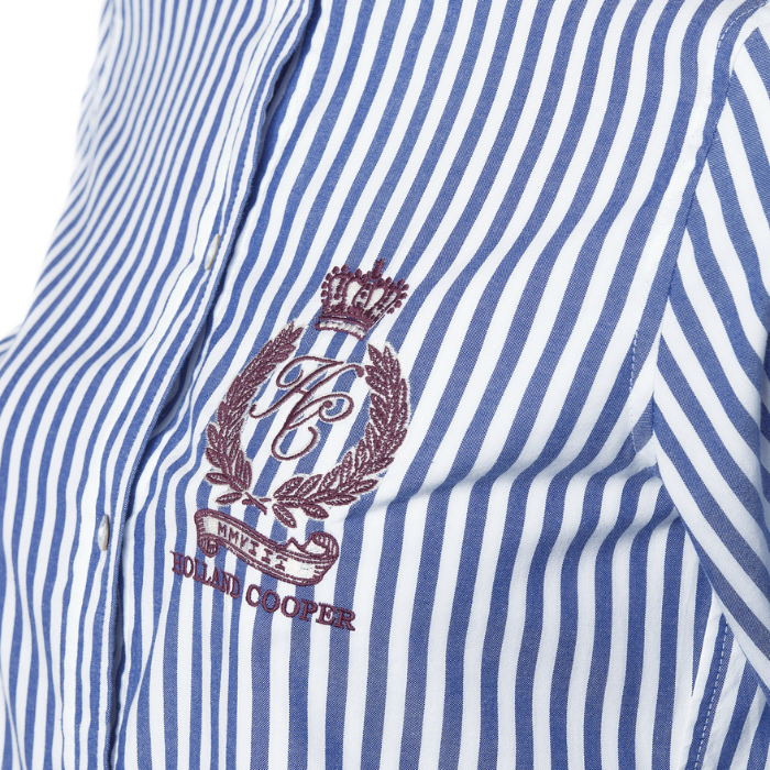 Holland Cooper embroidered logo detail on the Holland Cooper Classic Button Down Shirt in Navy Stripe