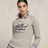 Woman wear the Holland Cooper Country Club Crew Sweat in Grit Marl with a blue pinstripe shirt