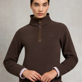 Brown fleece sweater with a quarter zip on a grey background
