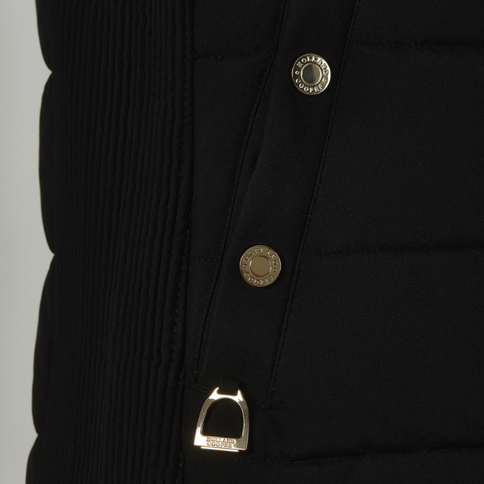 Close up button and stirrup detail on the Holland Cooper Team HC Gilet in Black