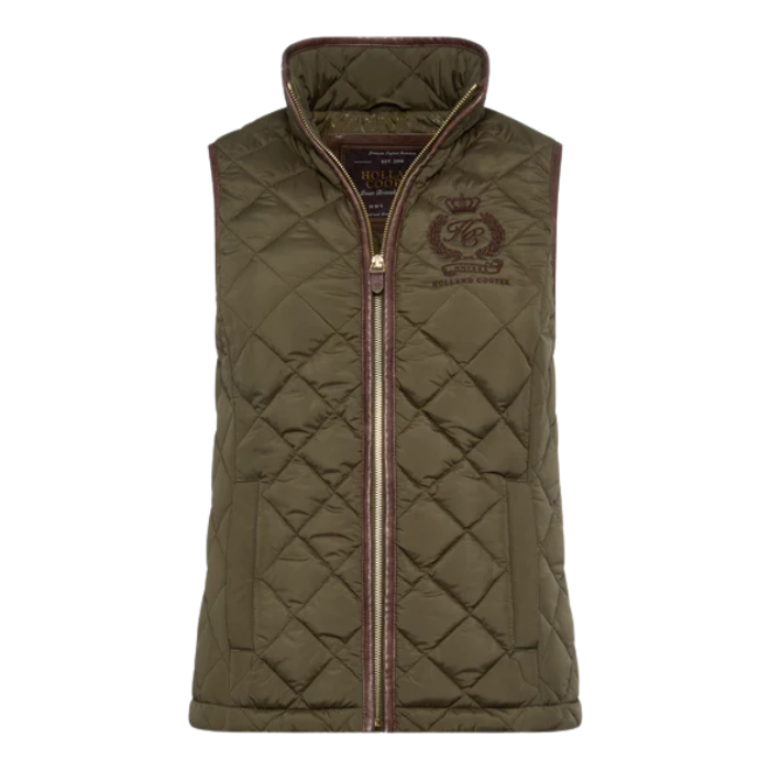 Quilted green gilet with a brand logo on a white background