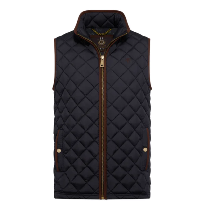 Quilted gilet with brown zipper and trim on a white background