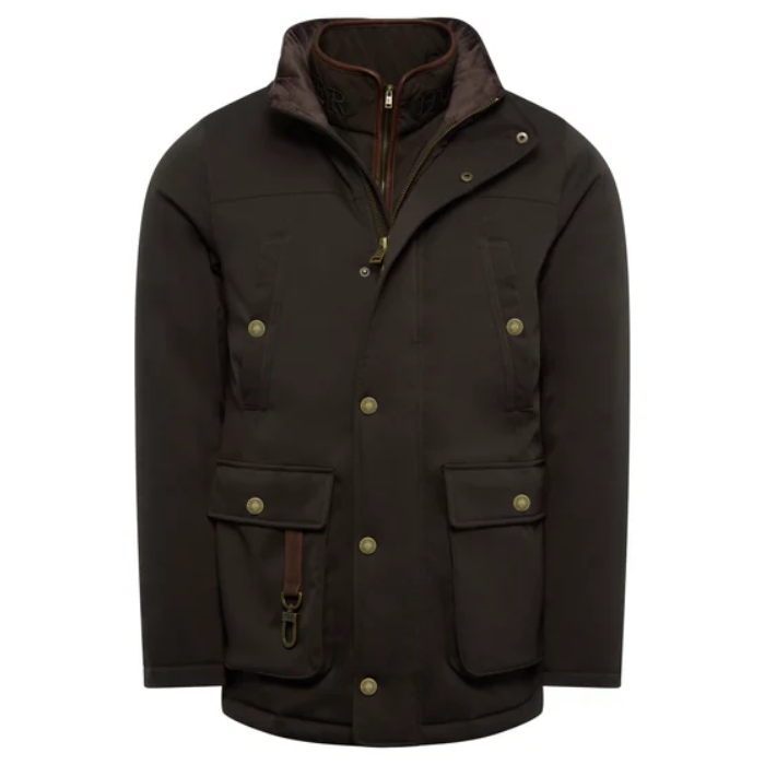 Dark brown jacket with button details on a white background