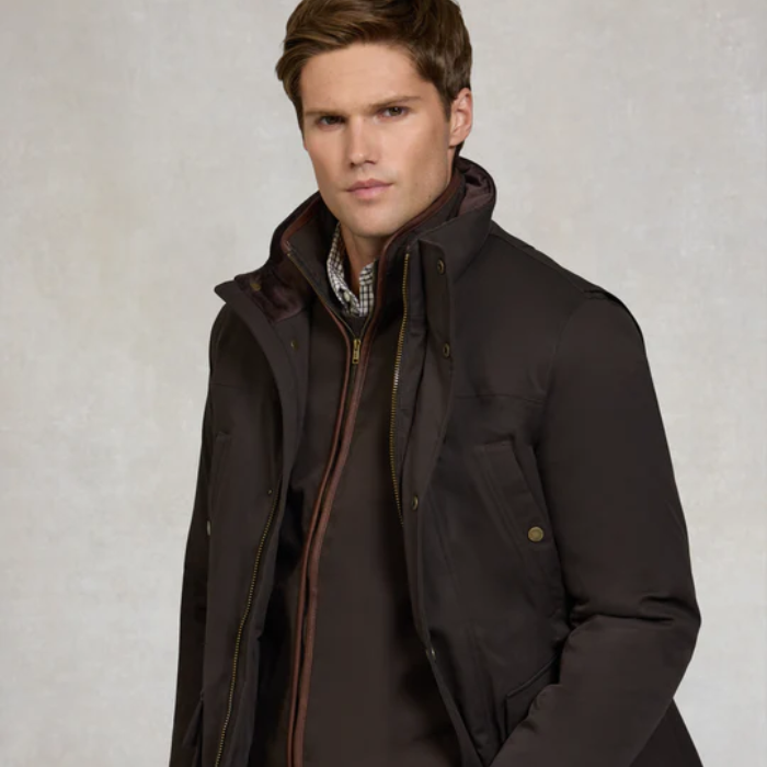 Man wearing a dark brown coat against a neutral background