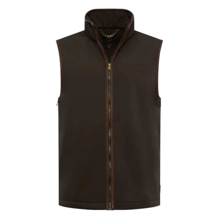 Brown gilet with a brand logo on a white background