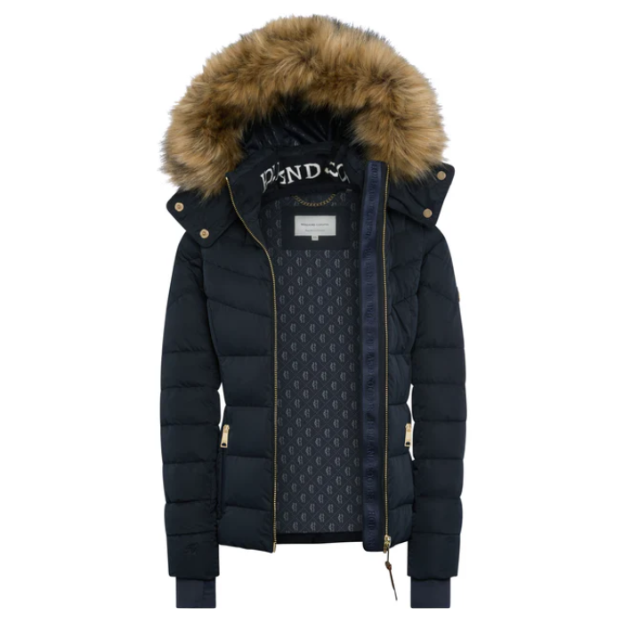 Black puffer jacket with fur hood on a white background