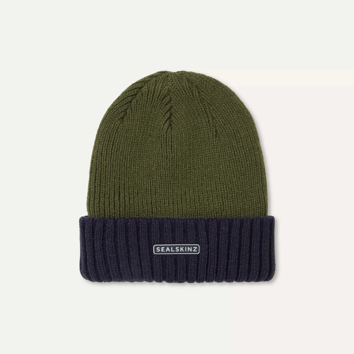 Green and navy beanie with Sealskinz logo on a white background