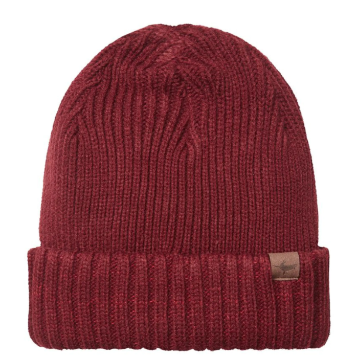 Red knit beanie with a brand label on a white background