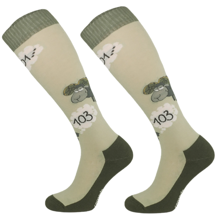 Pair of green knee-high socks with sheep design and number 103 on a white background