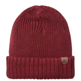 Red knit beanie with a brand label on a white background