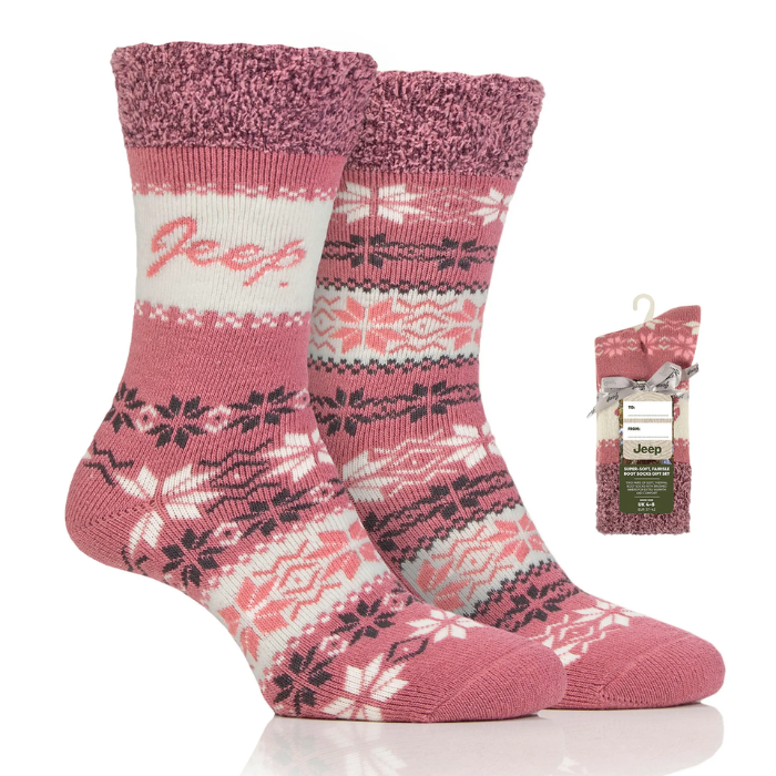 Pink patterned socks with Jeep logo and packaging on a white background