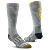 Gray socks with yellow accents and 'Ariat' branding on a white background