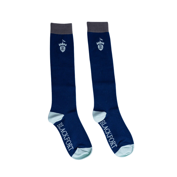 Navy and sky blue socks 'Blackfort' brand on white background