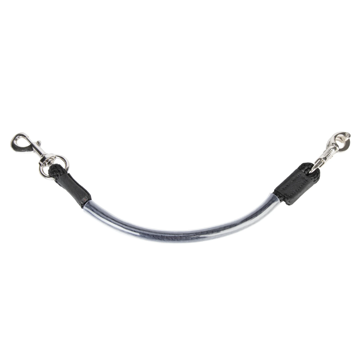 Rope with metal clasp at either end on white background