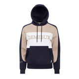 LeMieux AW26 Kadie Colour Block Hoodie Varient Navy. A women's colorblock hoodie by LEMIEUX, featuring navy blue sleeves, hood, and lower body, beige shoulder panels, and a white chest panel with the brand name 'LEMIEUX' printed across it.