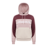 LeMieux AW26 Kadie Colour Block Hoodie Varient Wild Rose. A colorblock pullover hoodie with a dusty pink hood and sleeves, a dark burgundy chest panel, and a cream kangaroo pocket. The word 'LEMIEUX' is printed in white arched letters across the chest.