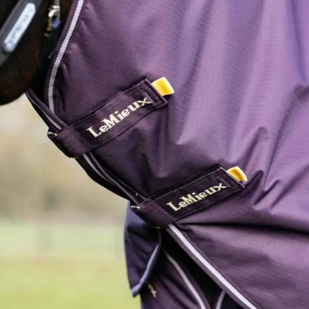 Close-up of a purple equestrian rug with LeMieux branding.