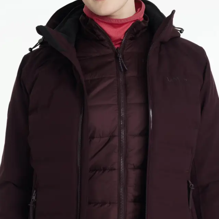 Puple winter jacket with a hood on a white background
