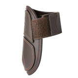 Brown leather boot with a velcro strap on a white background