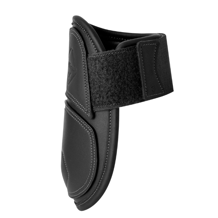 Black leather horse boot with a strap on a white background