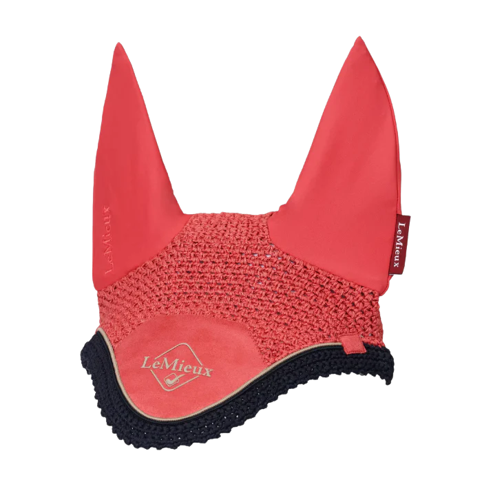 Red equestrian ear bonnet with black trim on a white background