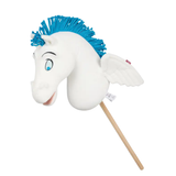Plush toy horse with blue mane on a stick against a white background