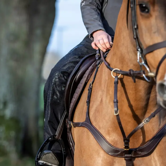 Rider sits on a horse wearing black waterproof trousers with a blurred outdoor setting