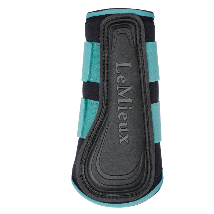 LeMieux Grafter Brushing Boots in Lagoon with logo strike pad design