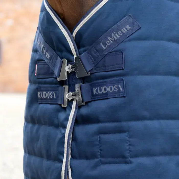 Close-up of a blue horse rug with visible 'LeMieux' and 'KUDOS' branding on a blurred background