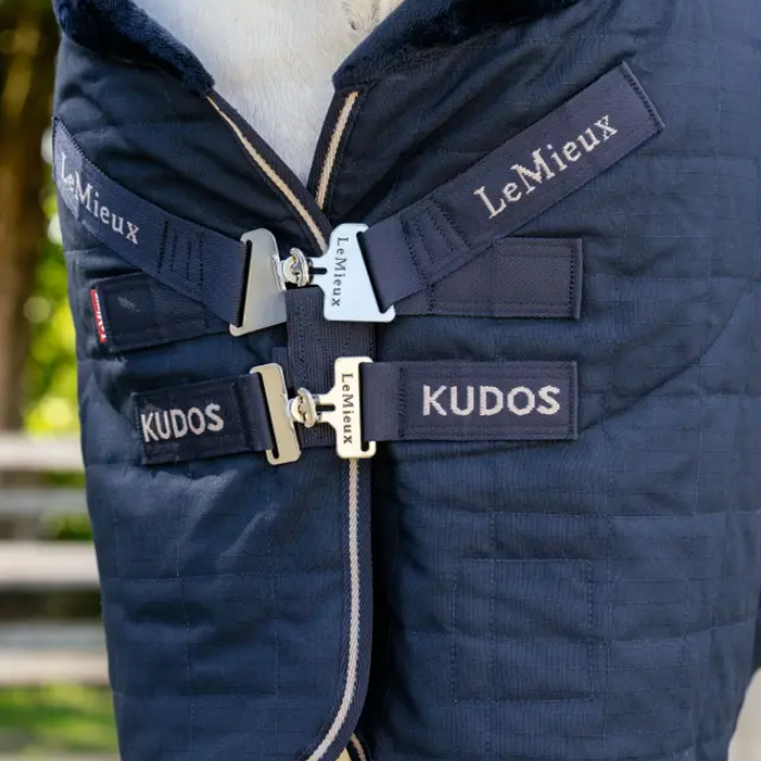 Navy blue equestrian blanket with LeMieux and Kudos branding on straps.