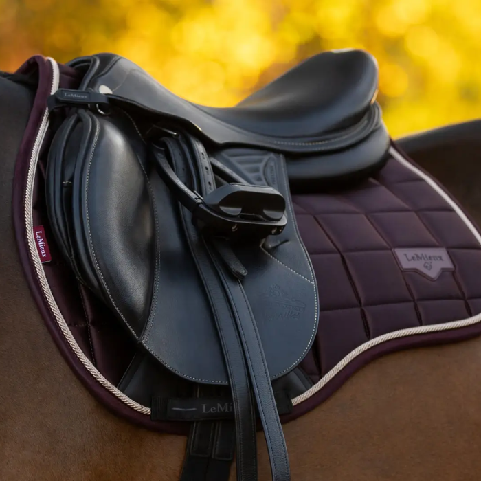 Close-up of a horse saddle with a blurred autumn background