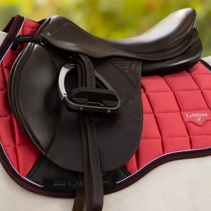 Brown saddle on a cranberry red LeMieux pad with a blurred green background