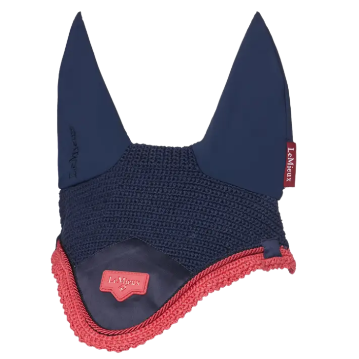 Navy and cranberry red horse ear bonnet with 'LeMieux' branding on a white background
