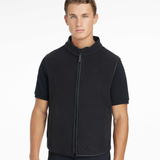 Man wearing a black short-sleeve gilet on a white background