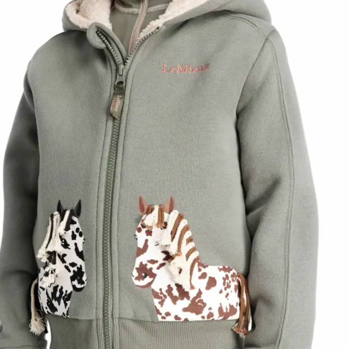 Children's hoodie with horse designs on the pockets on a white background