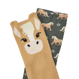 Two pairs of socks with horse designs on a white background