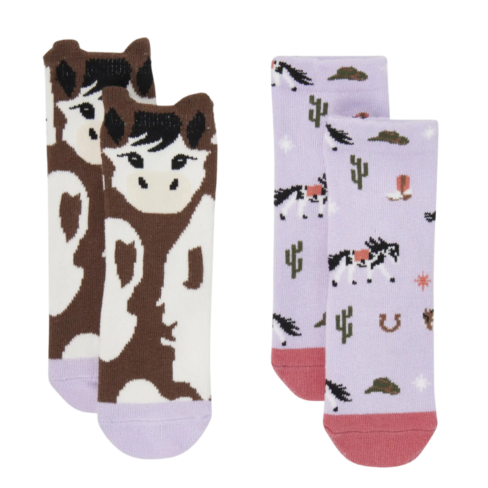Two pairs of socks with horse and cactus patterns on a white background