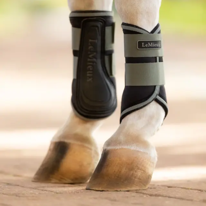 Horse legs wearing LeMieux protective boots on a natural background
