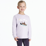 Child wearing a light purple sweatshirt with a graphic horse design on a white background