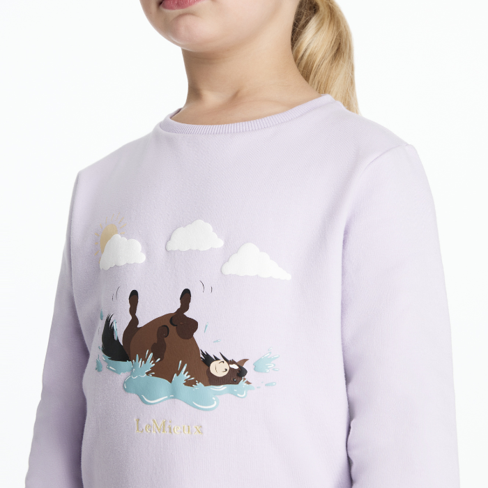 Light purple sweater with graphic horse design on a white background