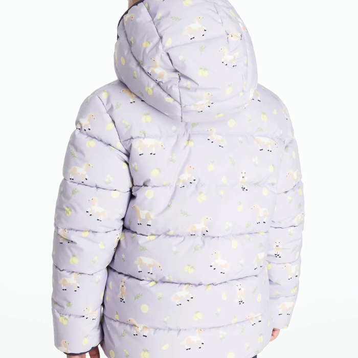 Lilac puffer jacket with yellow lemon and pony pattern on a white background
