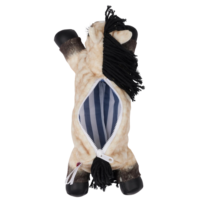 Plush horse toy with striped interior on a white background