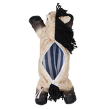 Plush horse toy with striped interior on a white background