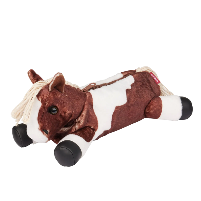 Plush horse toy with brown and white pattern on a white background