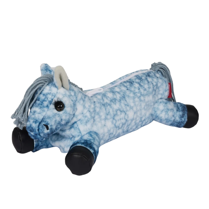 Blue and white plush horse toy on a white background