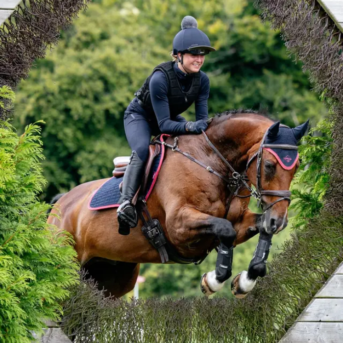 Horse and rider jumping over an obstacle in a natural setting