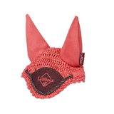 Red equestrian fly hood with brown leather patch and 'LeMieux' branding on a white background