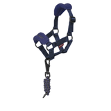 Dark blue headcollar and matching rope on a white background