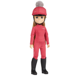 Toy rider wears cranberry set on a white background